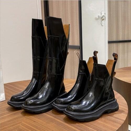 Knee-High Boots Fashion Brand Patent Leather Chunky Boots Women Autumn Platform Crawlers Shoes Black Female Military Combat Boot