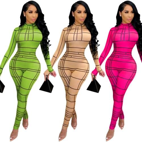 Sexy Individual Lines Bodycon Jumpsuit 2021 Fashion Long Sleeve Zipper Skinny Romper Night Club Overall Outdoor One Piece