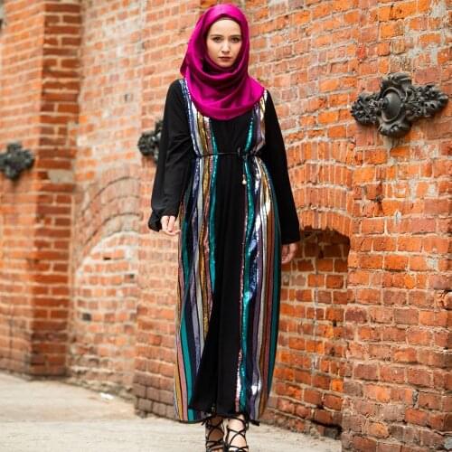 Muslim Color Vertical Stripes Sequins Embroidery Chiffon Stitching Long-sleeved Jacket Cardigan Womens Robe Without Turban