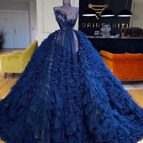 Chic Royal Blue Ball Gown Prom Dresses Illusion Tiered Ruffles Sheer Neck Beading Appliques Evening Quinceanera Gowns