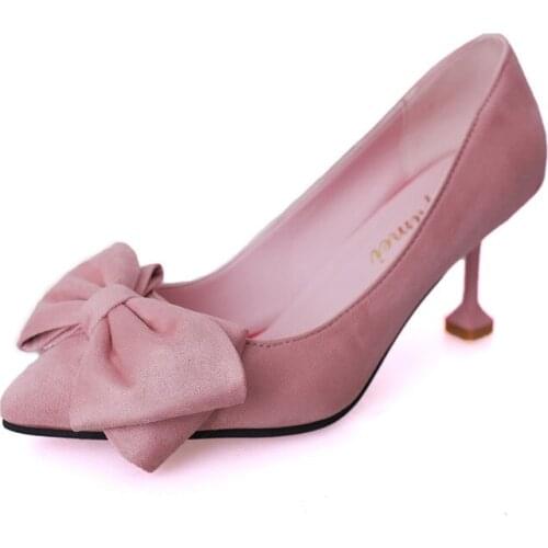 New Womens Pumps Butterfly-knot Sweet Ladies Pink Heels Spring/Autumn Casual Women Single Shoes Pointed Toe Women Slip-on Shoes