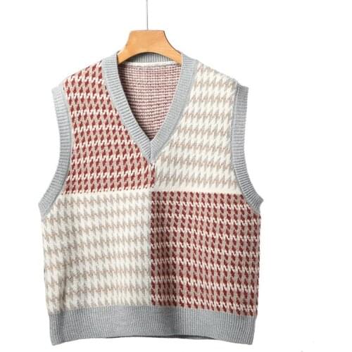 Urifens Jumper 2021 Spring Contrast Knitted Waistcoat Spring Plaid Loose Sleeveless Korean Sweater Vest Women Chic Tops BN62U