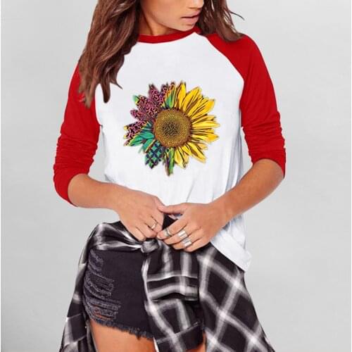 12 Colors T-shirt Women Patchwork Sunflower Printing Autumn Long-sleeved Pullover Casual Top Basic Graphic Tee Shirt Femme #35