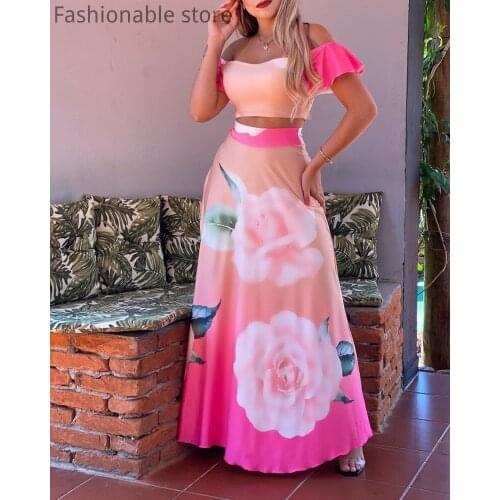 Womens Off Shoulder Floral Print Colorblock Crop Top & High Waist Maxi Skirt Sets