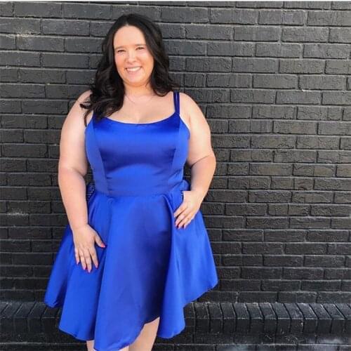 Plus Size Royal Blue Satin Short Cocktail Dresses Spaghetti Straps 2019 Simple Formal Party Dress Homecoming Gowns