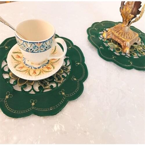 Free Shipping Polyester Hollow 12Inch Diameter 29cm Natural Tablecloth Coffee Tea Cup Mat Pad Cover Place Dark Green