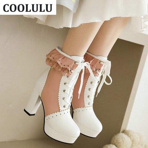COOLULU Platform White Lolita Ankle Boot for Women Cute Cosplay Shoes Booties Block High Heel Winter Sweet Shoes Chunky Heel