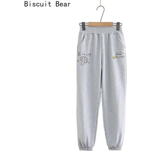 Solid Cartoon Cat Embroidery Casual High Waist Pants 2021 Spring Women Fashion Long Trousers Ladies Cotton Straight Sweatpants