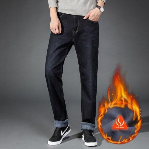 Warm Fleece Jeans Mens Winter High Quality Famous Brand Velvet Jean Trousers Flocking Warm Soft Men Pants 40 42 44 Large Size