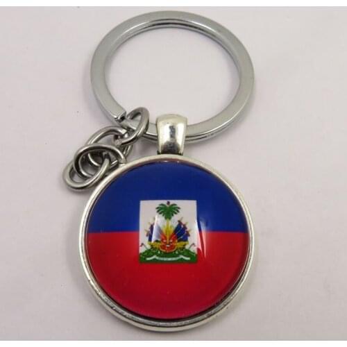 Haiti Flag Glass Key Chain Key Ring keychains Silver Rhodium Keyrings Split Rings With Haiti Jewelry Gifts