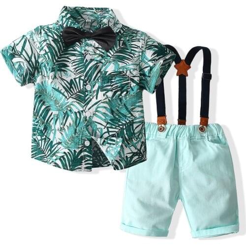 Kimocat Boys Summer Bohemian Style Childrens Wear, Casual Printed Top + Shorts + Bow Tie + Suspenders 4-Pce Set 9M-5Y