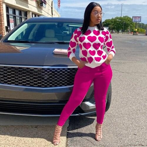 Fashion Womens 2 Piece Tracksuits Long Sleeve Heart Printed Valentines Day Sweater Pullover Tops+Solid Color Long Pant Sets#g3