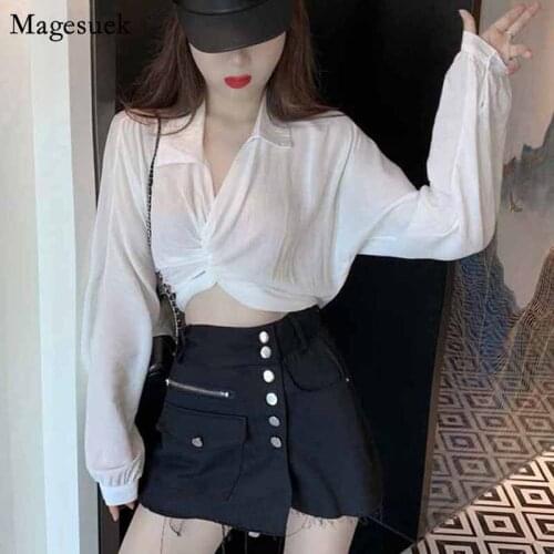 Summer Navel Bandage All-match Long Sleeve Cotton Blouse Trendy Fashion Sexy French Lapel White Shirt Women Short Tops 12048