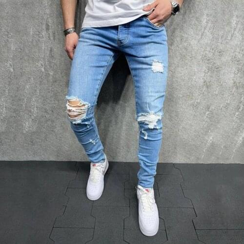 Mens Jeans Slim Skinny Ripped Hole Light Blue Gray Distressed Fashion Youth Streetwear Hip Hop Little Feet Denim Pants