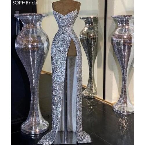New Arrival Sexy High Slit Sequin Evening Dress 2021 Elegant Spaghetti Strap African for Women Formal Party Night Gowns Vestidos