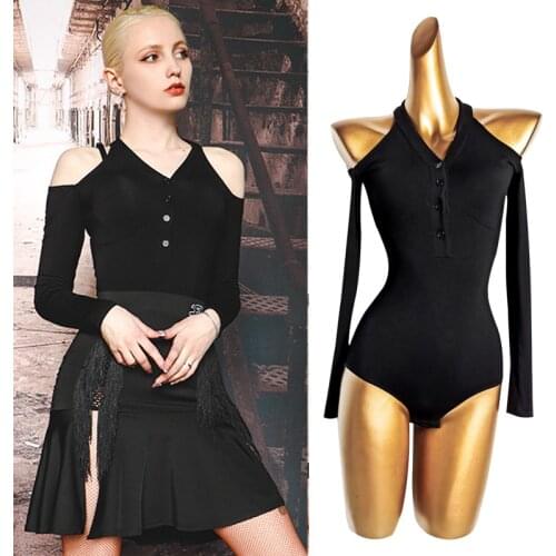Latin Dance Clothes Female Off Shoulder Leotards Black Long Sleeve Practice Wear Women Samba Ballroom Dancing Modal Tops VDB3469