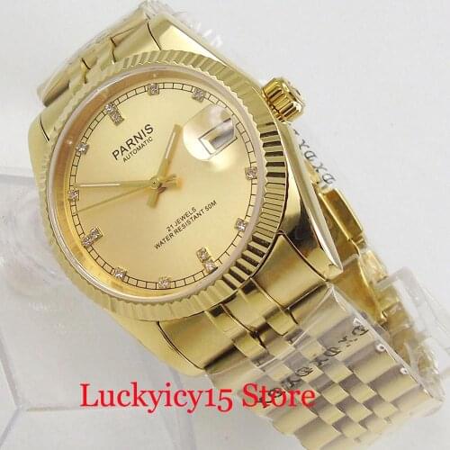 PARNIS Luxury 36mm Gold Watch Case 21 Jewels MIYOTA 8215 Auto Date Sapphire Glass Gold Braccelet Self Winding Mens Watch