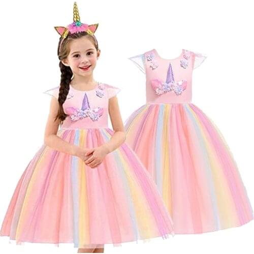 Unicorn Dresses Girls ball Gown Menina Summer Clothes Kids Princess Dress Tutu Flower Vestido Childrens Birthday Party Rapunzel