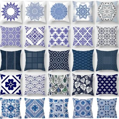 Blue White Porcelain Print Cushions Case Bohemian Style Mandala Geometry Pillows Case Modern Fashion Sofa Chairs Throw Pillows