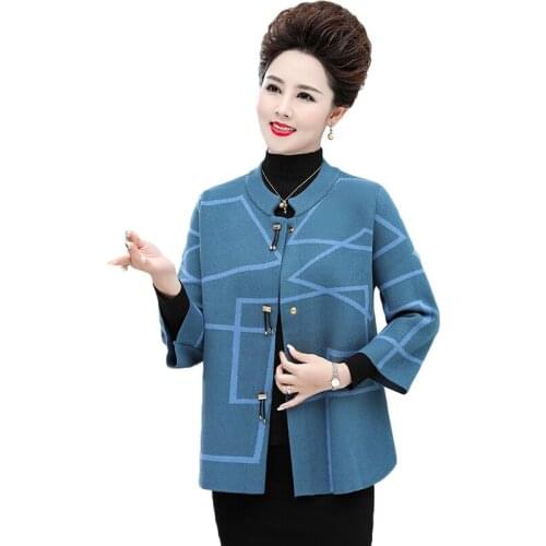 Womens Autumn Winter Sweater O-neck Long Sleeve Knitted Wool Cardigan Jacket Middle-aged Mothers Elegant Sweater Cardigan W2179