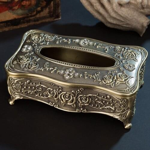 High Quality Bronze Metal Tissue Box Retro Napkin Holder With Flower Engaved Tissue Container for Table Orgnizer ZJH007