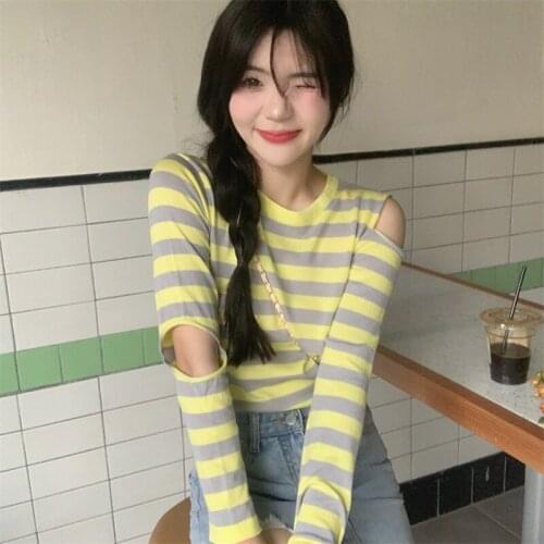 T-shirt Design Sense Striped Round Neck Long-sleeved T-shirt Female Summer New Style Korean Slim Slim Top