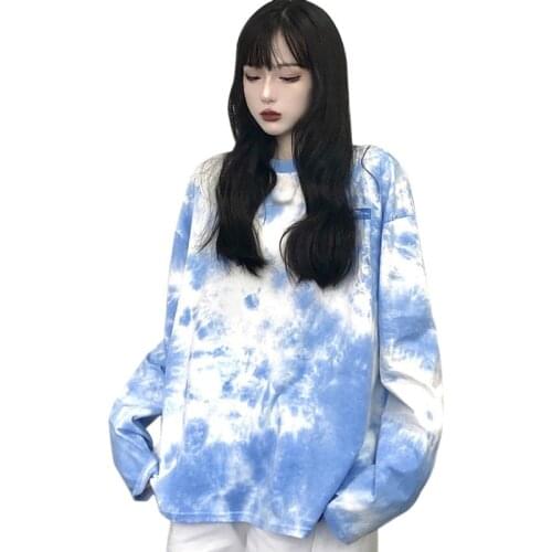 Womens Tie Dye O Neck Loose T-shirt Casual Long Sleeve Harajuku Oversized Korean Style T-shirts