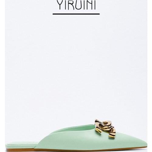 2021 ZA New Products Slippers Women Metal Buckle Decoration Flat Sole Elegant Temperament Mules