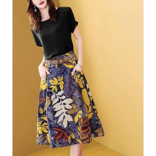 Female Blouse Suit Summer Style O-Neck Solid Color Short Sleeve T Shirt Leaf Print Fashion A-line Midi Skirt Casual 2-Piece Sets