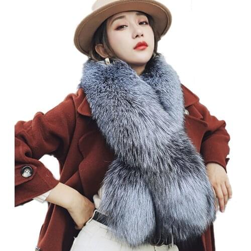 Winter Fur Scarf Collar Women Real Whole Fox Fur Neckerchief Fluffy Super Warm Soft Silver Fox/Blue Fox