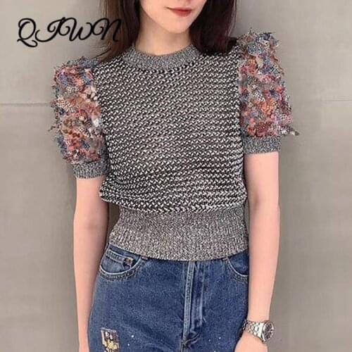 Autumn Luxury Deaign Hollow Puff Sleeve Top Slim Short Knit O-Neck Sweater Fashion Elegant Pullover 2020 Tide Brand New Clothes