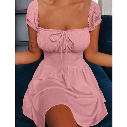 2020 Summer Fashion Solid Color One-line Neckline Waist Wooden Ear Folds Lace Low-cut A-line Dresses