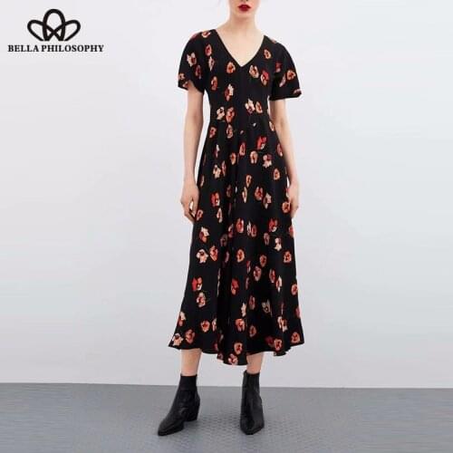 Bella Philosophy Summer Short Sleeve Long Maxi Dress Vintage Print Floral Female Dress Street Wear Lady A-Line Dress Vestido