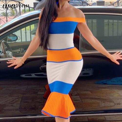 2021 New Arrivals Bandage Dresses Off Shoulder Celebrity Bandage Dresses Yellow Midi Bodycon Mermaid Party Dresses Vestidos