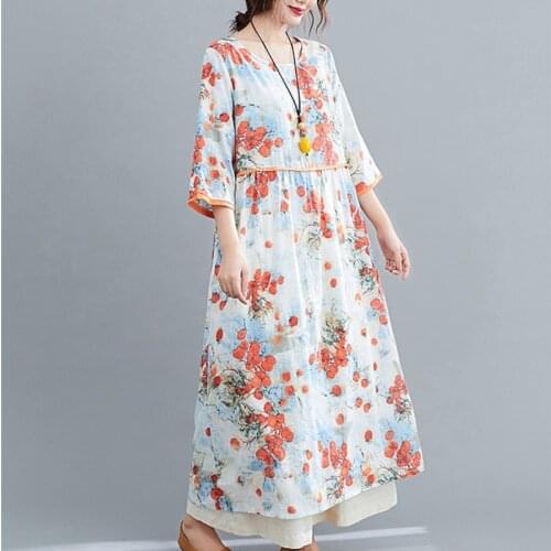 2021 Loose Spring Summer Dress Print Floral Patchwork Fashion Women Dress Cotton linen Vintage Dress Female Casual Midi Dress