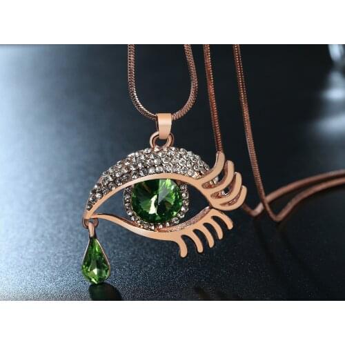 Golden Color Green Eyes Sad Tears Pendant Necklace Long Crystal Sweater Chain For Women