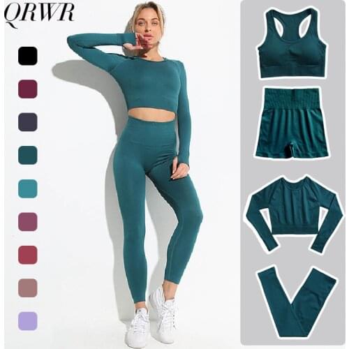 2/3/4Pcs Women Seamless Yoga Set Gym Clothing Workout Clothes Long Sleeve Crop Top Sports Bra High Waist Leggings Fitness Suit