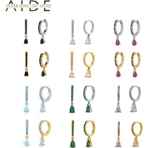 AIDE Fashion Water Drop Hoop Earrings for Women Exquisite Colorful Zircon Pierced Earings Silver 925 Jewelry Gift pendientes