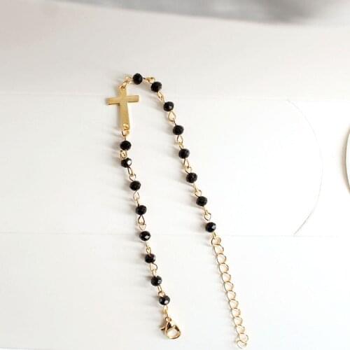 New Fashion Exquisite Black Beads Unisex Cross Bracelet Fashion Gold Color Metal Chain Bracelets Women Men Party Gifts Jewelry