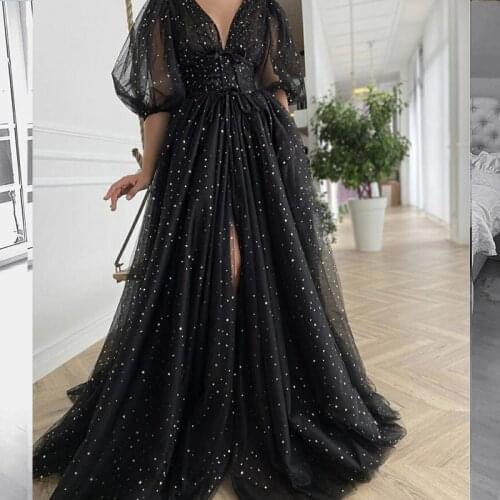 Black Starry Evening Dress 2021 Sparkly A-Line V-Neck Puffy Half Sleeves Side Slit Pleat Tulle Sweep Train Party Prom Gown