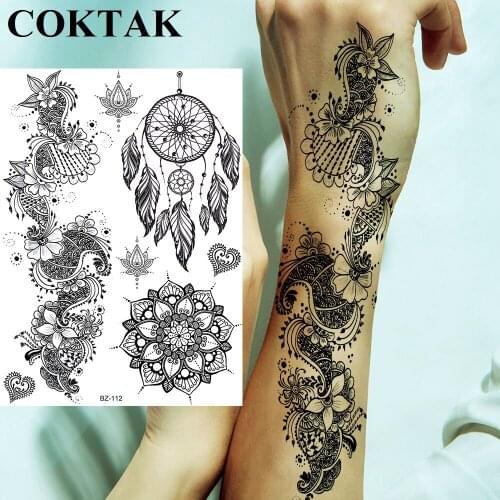 COKTAK Black Henna Arm Tattoos DreamCatcher Mandala Flower Tattoos Temporary Women Fake Tattoo Waterproof Sexy Tatoos