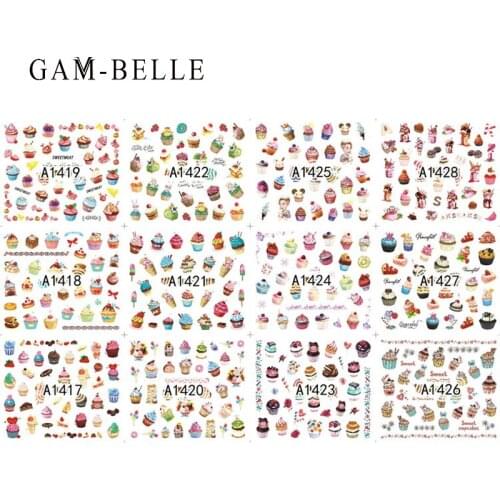 GAM-BELLE 12 Sheets/Set Cartoon Nail Sticker Mixed Pattern Ice Cream Women Cute Water Transfer Decals Nail Art Decoration