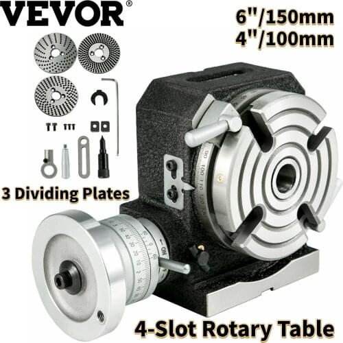 VEVOR 4"/100mm 6"/150mm Horizontal Vertical Precision 4-Slot Rotary Table MT-2 W/ 3 Dividing Plates for Milling Drilling Machine