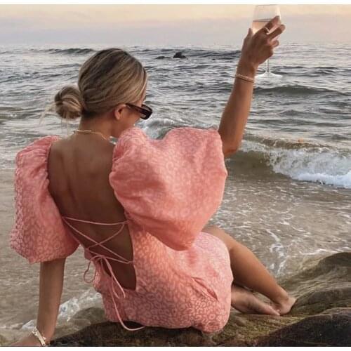 Jastie Lace Backless Sexy Mini Dress Pink Leopard Print Puff Sleeve Women Dresses 2021 Spring Summer Boho Beach Short Vestidos