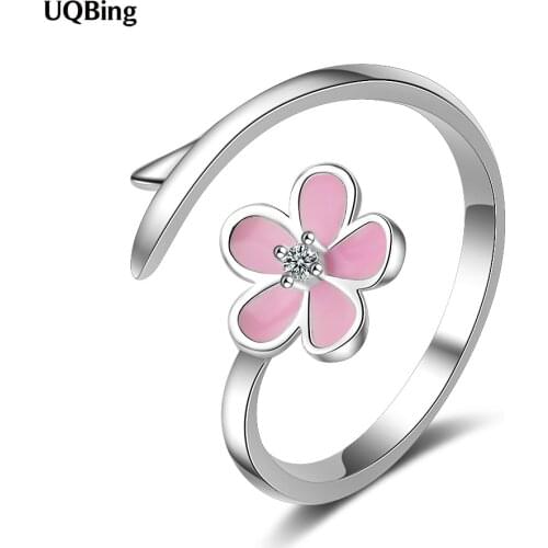 Fashion New Adjustable Pink Enamel Zircon Flower Rings For Women 925 Sterling Silver Jewelry