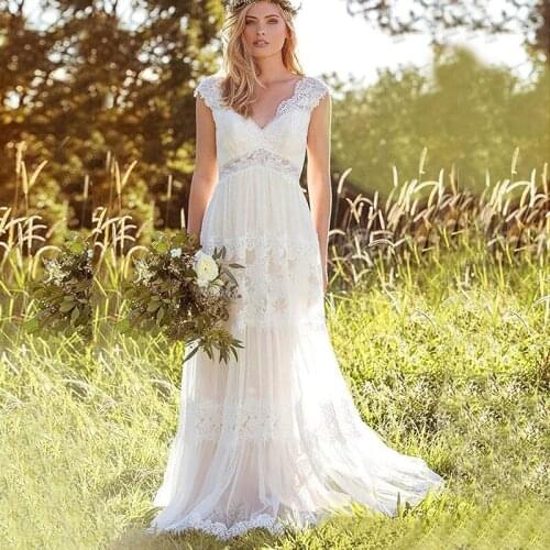 Summer Charming Boho Lace Back Out Bridal Wedding Dresses Cap Sleeves Plunge V Neck Wedding Gowns for Bride Sweep Train On Sale