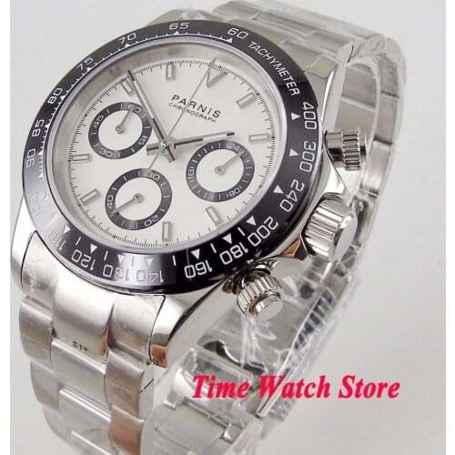 Solid 39mm Parnis Quartz wrist watch men waterproof steel bracelet 24 hours Chronograph white dial luminous sapphire black 1177