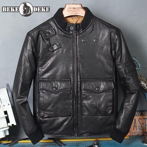 Winter Mens Natural Sheepskin Down Jacket Slim Fit Thick Warm Stand Collar Work Cargo Coat Man Moto Biker Genuine Leather Jacket