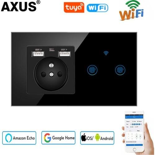 EU TUYA Smart Home Wall Power Touch Switch With USB Socket Combination Crystal Glass Panel French Socket 146*86mm Plug Grounding