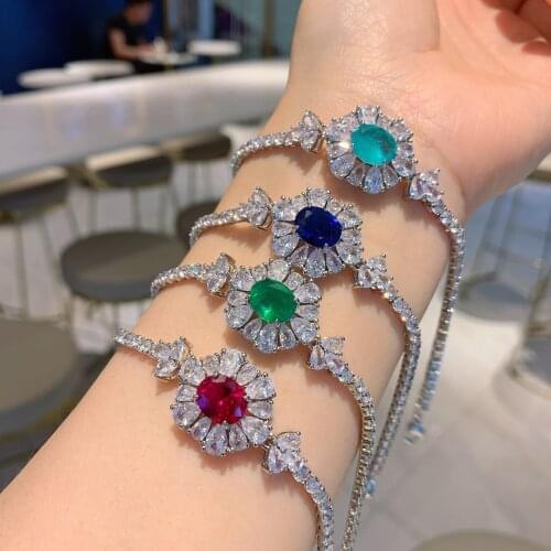 QTT New Arrival Dazzling Oval Cubic Zirconia 8*10 Bracelets On Hand 925 Sterling Silver Paraiba Emerald Jewelry 2021